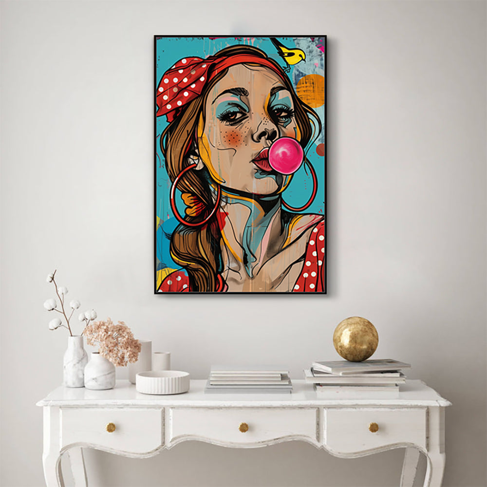 Bubblegum Retro Diva Canvas – Vibrant Pop Art Wall Decor