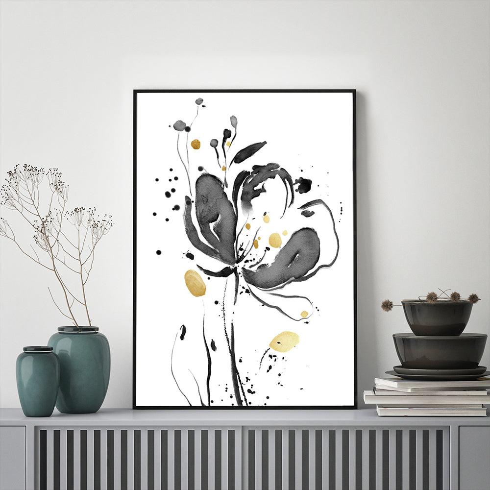 Elegant Black & Gold Floral Canvas Wall Art – Modern Botanical Aesthetic