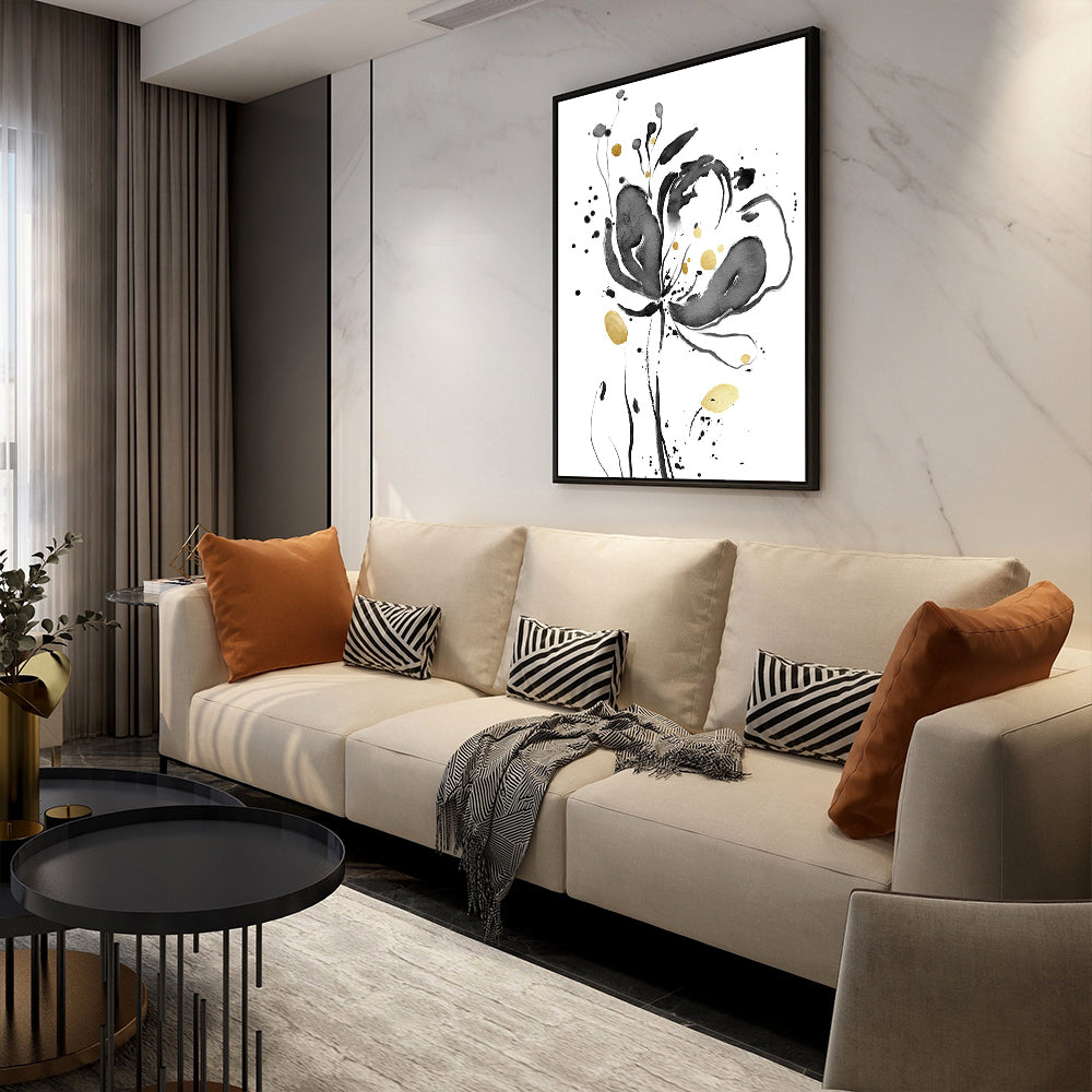 Elegant Black & Gold Floral Canvas Wall Art – Modern Botanical Aesthetic