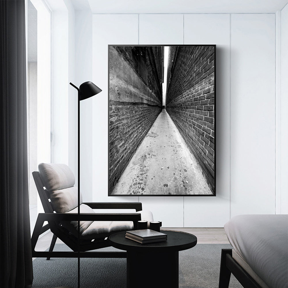 Narrow Alley Perspective Canvas Wall Art – Black And White Urban Geometry