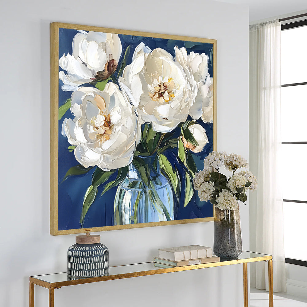 Elegant White Peonies in Glass Vase Canvas Wall Art – Timeless Floral Beauty