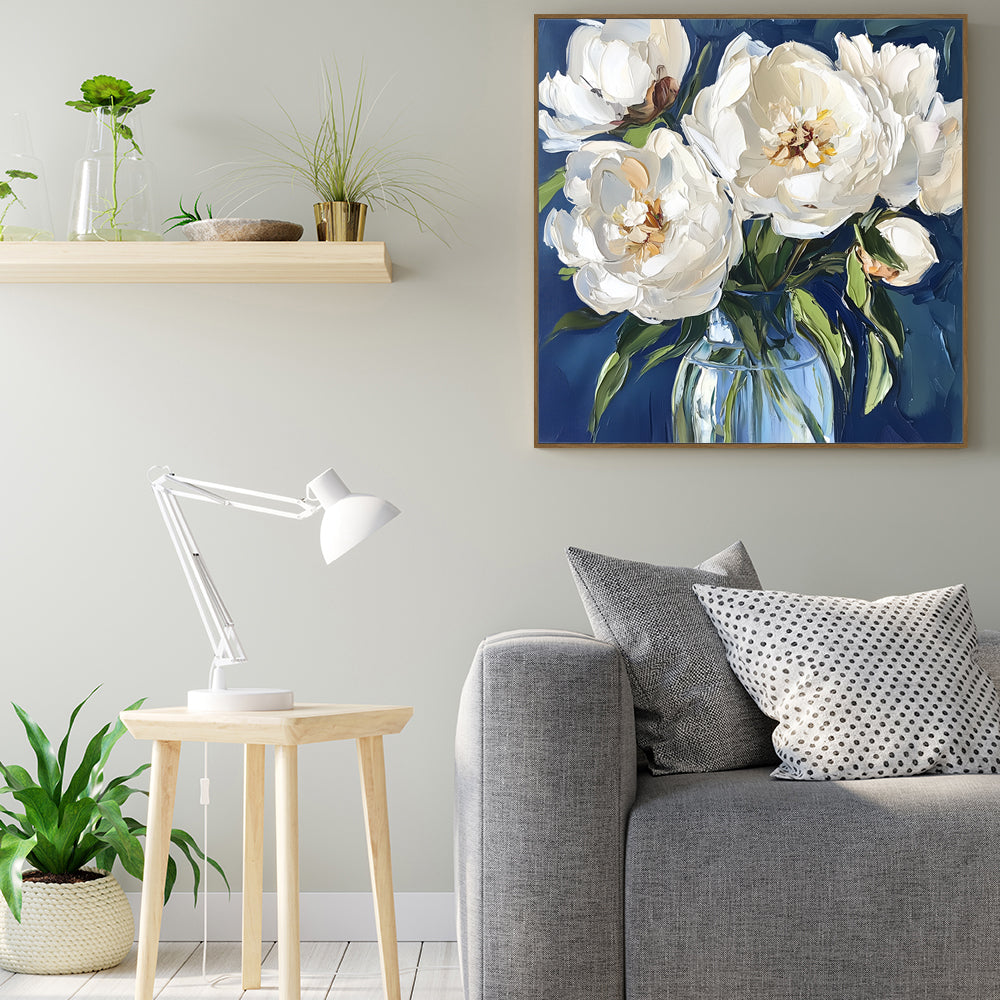 Elegant White Peonies in Glass Vase Canvas Wall Art – Timeless Floral Beauty
