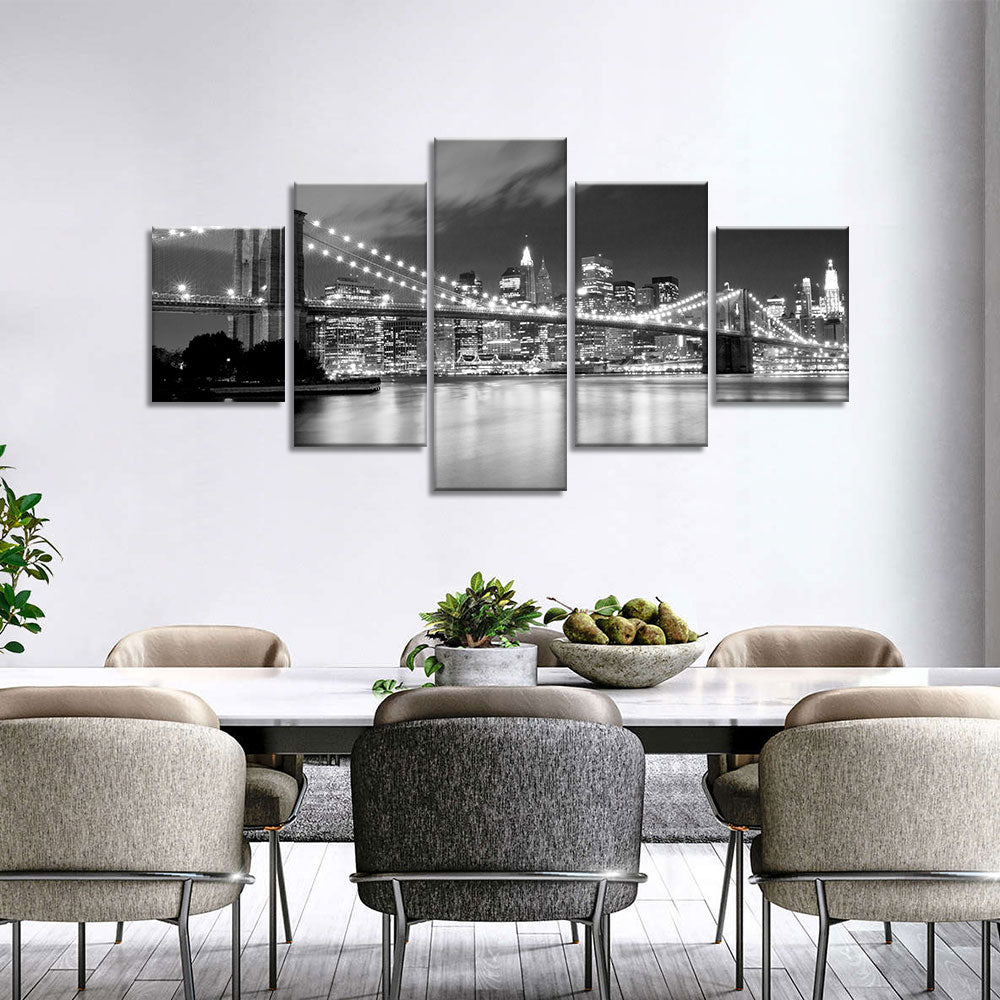 Black and White Brooklyn Bridge at Night Canvas Wall Art