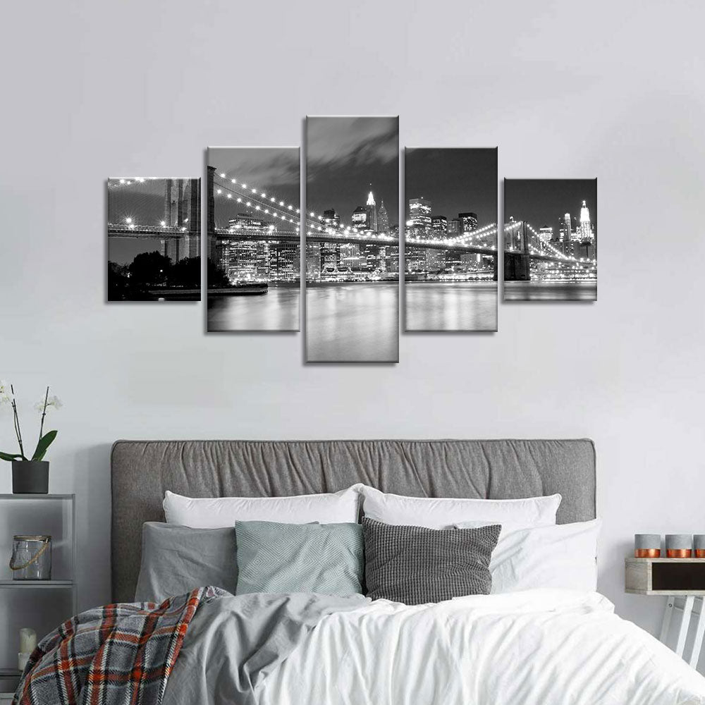 Black and White Brooklyn Bridge at Night Canvas Wall Art