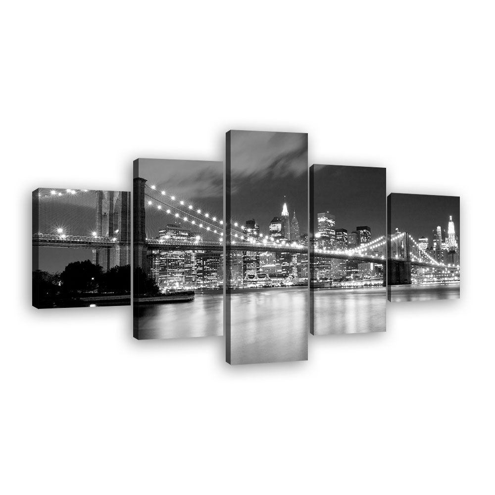 Black and White Brooklyn Bridge at Night Canvas Wall Art