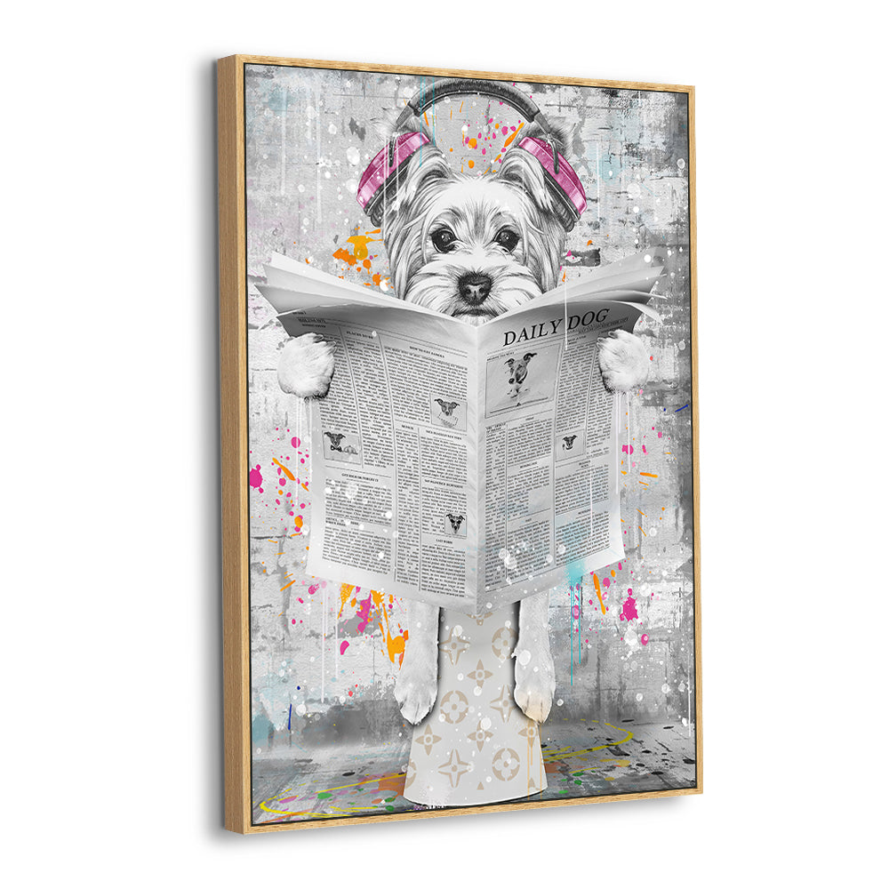 Cool Pup Reading The Daily Dog Graffiti-Style Canvas Wall Art