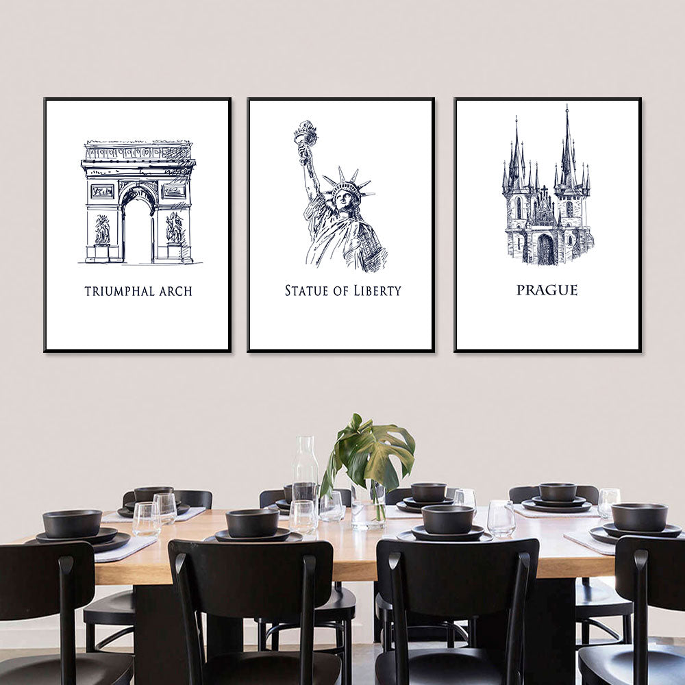 Global Heritage Triumphal Arch, Statue Of Liberty, Prague Cathedral 3-Piece Canvas Set