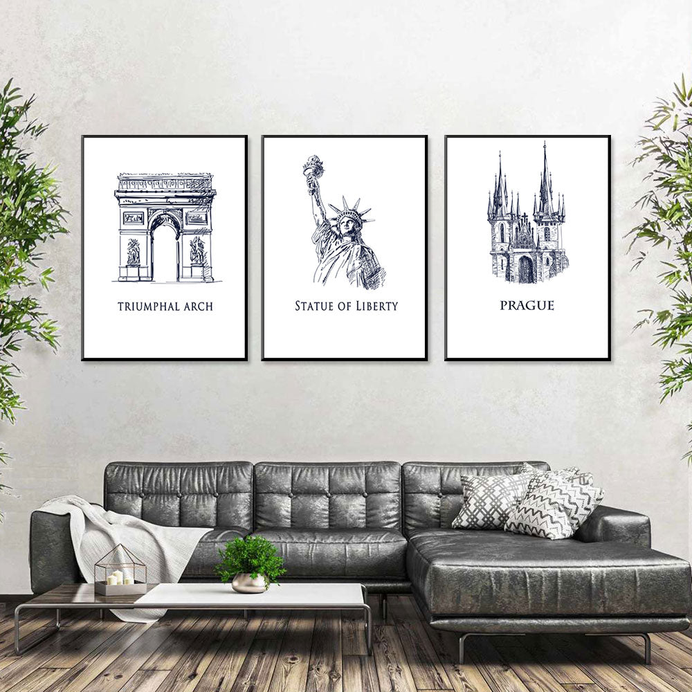 Global Heritage Triumphal Arch, Statue Of Liberty, Prague Cathedral 3-Piece Canvas Set