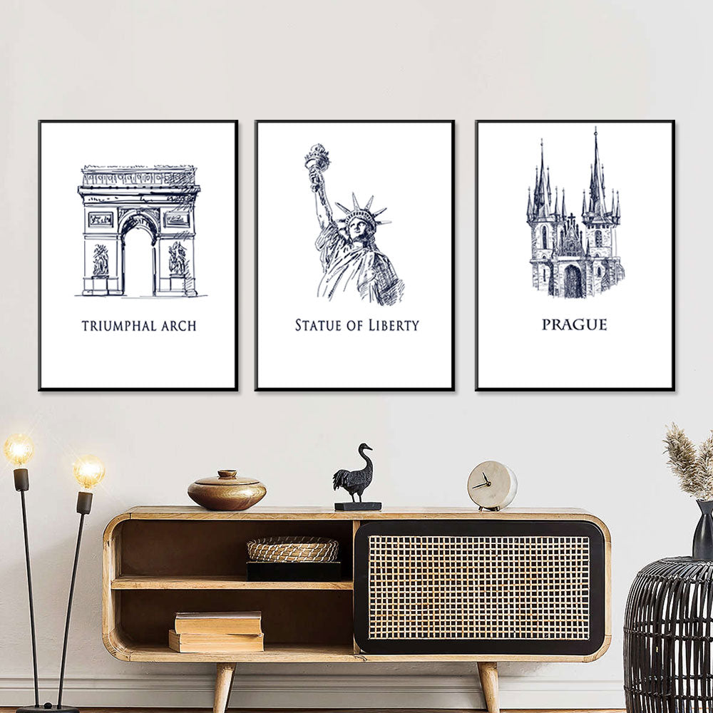 Global Heritage Triumphal Arch, Statue Of Liberty, Prague Cathedral 3-Piece Canvas Set