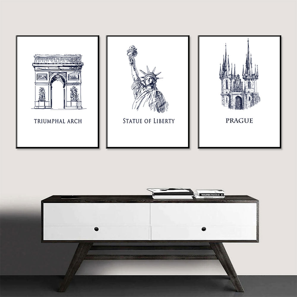 Global Heritage Triumphal Arch, Statue Of Liberty, Prague Cathedral 3-Piece Canvas Set