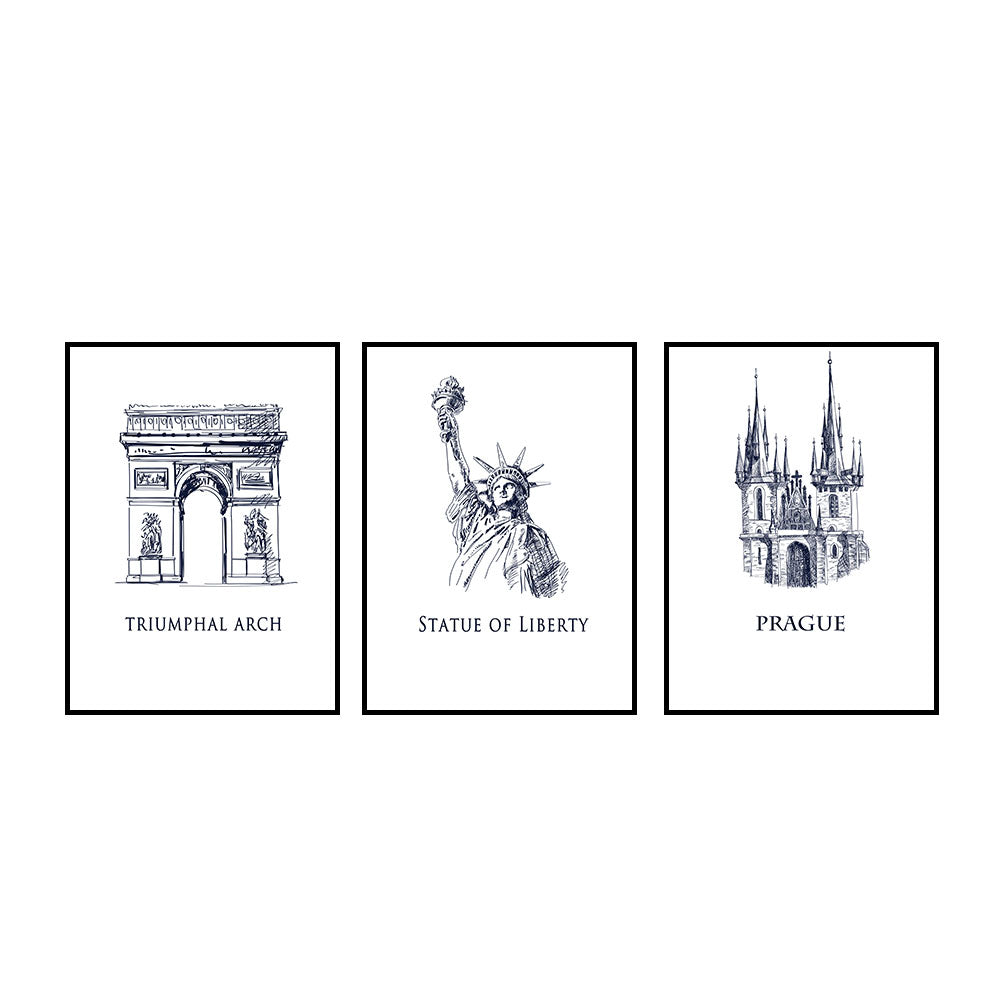 Global Heritage Triumphal Arch, Statue Of Liberty, Prague Cathedral 3-Piece Canvas Set