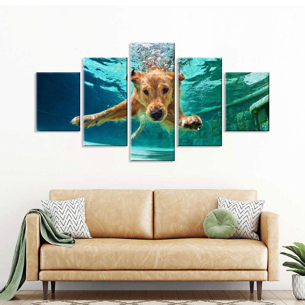 Golden Retriever Diving Underwater Canvas Wall Art