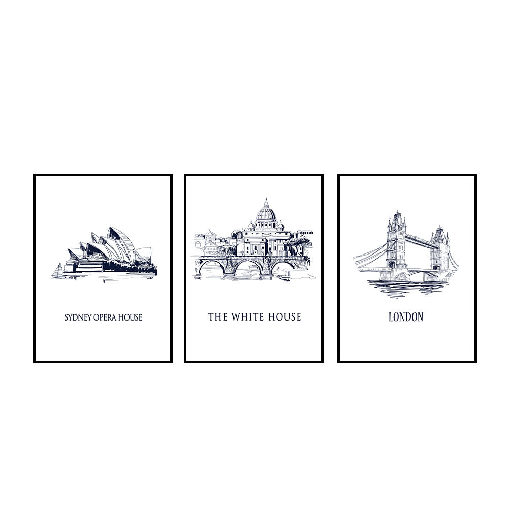 Iconic Capitals Sydney Opera House, The White House, London Bridge 3-Piece Canvas Set