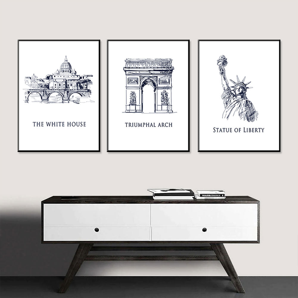 Landmark Trio The White House, Triumphal Arch, Statue Of Liberty Canvas Set