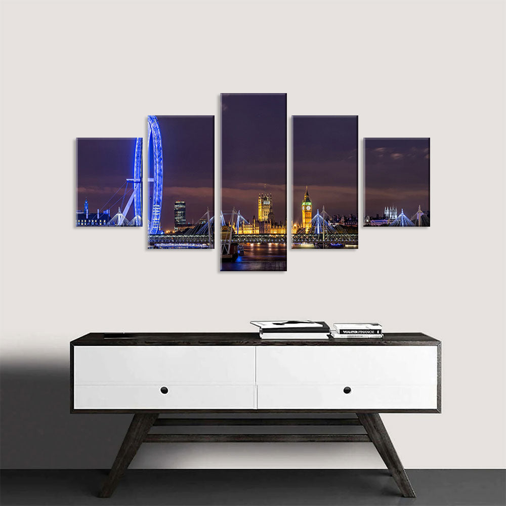 London Thames and Big Ben Night View Panoramic Canvas Wall Art