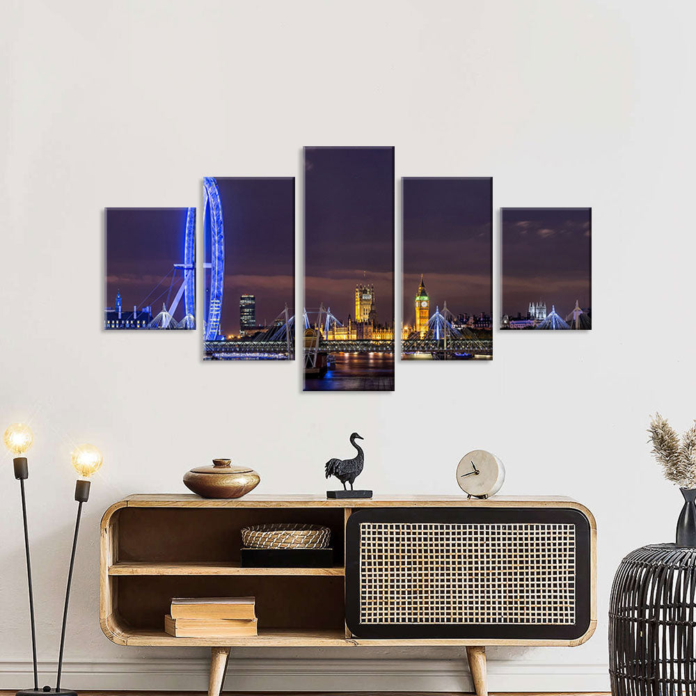 London Thames and Big Ben Night View Panoramic Canvas Wall Art