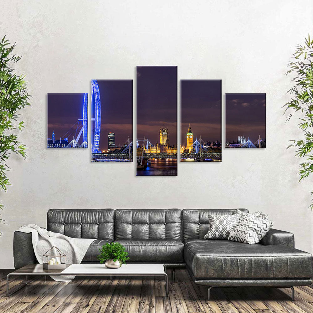 London Thames and Big Ben Night View Panoramic Canvas Wall Art