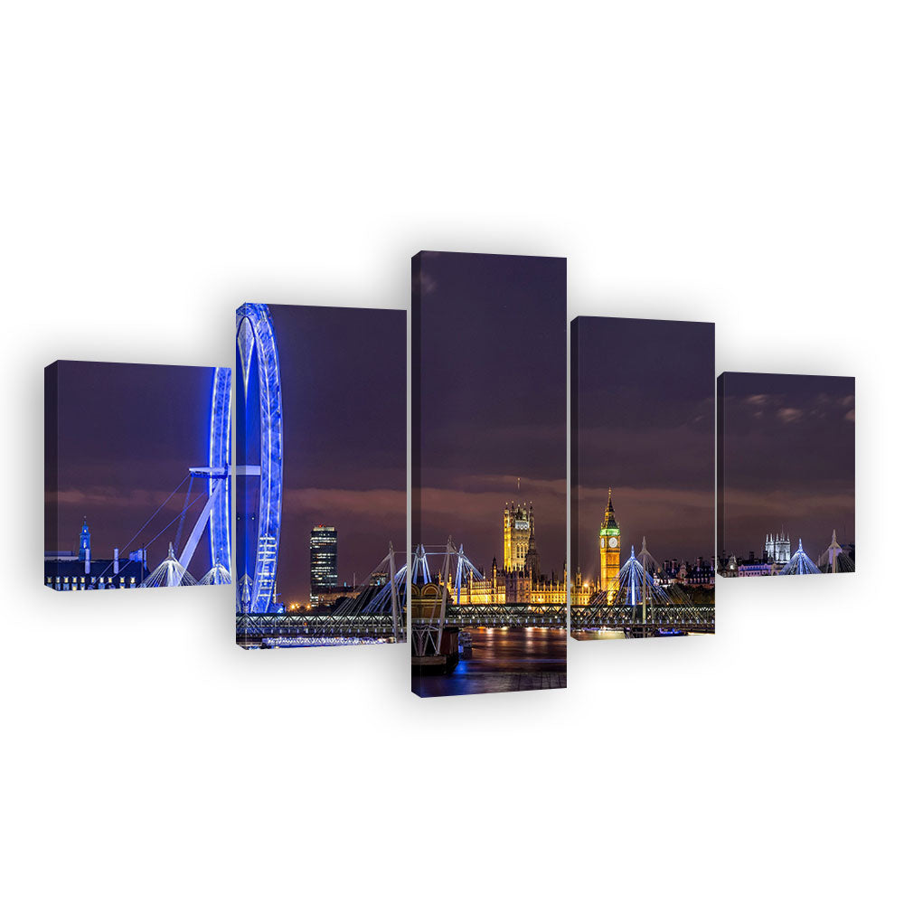 London Thames and Big Ben Night View Panoramic Canvas Wall Art