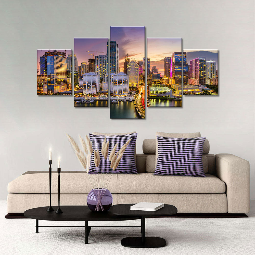 Miami Skyline Night View Canvas Wall Art