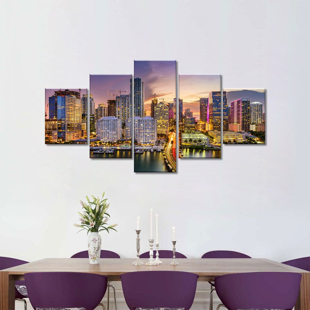 Miami Skyline Night View Canvas Wall Art