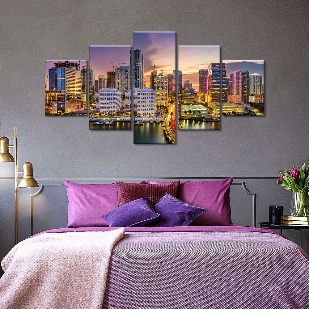 Miami Skyline Night View Canvas Wall Art