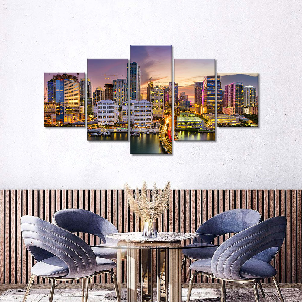 Miami Skyline Night View Canvas Wall Art