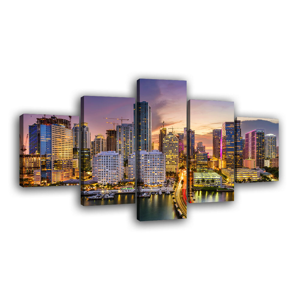 Miami Skyline Night View Canvas Wall Art