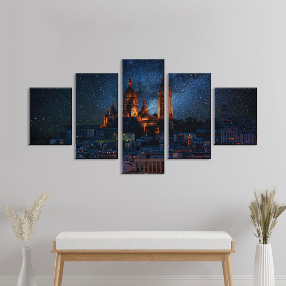 Montmartre Paris Night View in Shiny Space Canvas Wall Art