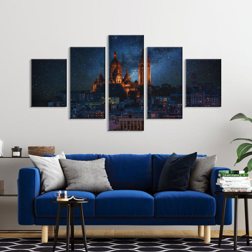 Montmartre Paris Night View in Shiny Space Canvas Wall Art