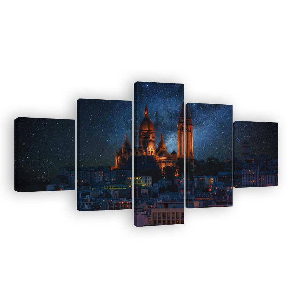 Montmartre Paris Night View in Shiny Space Canvas Wall Art