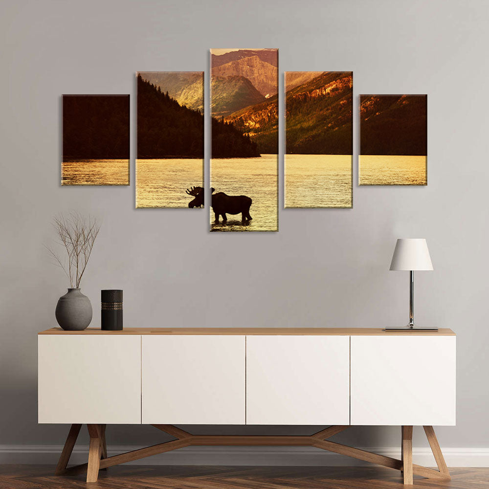 Moose In Tranquil Lake Canvas Wall Art