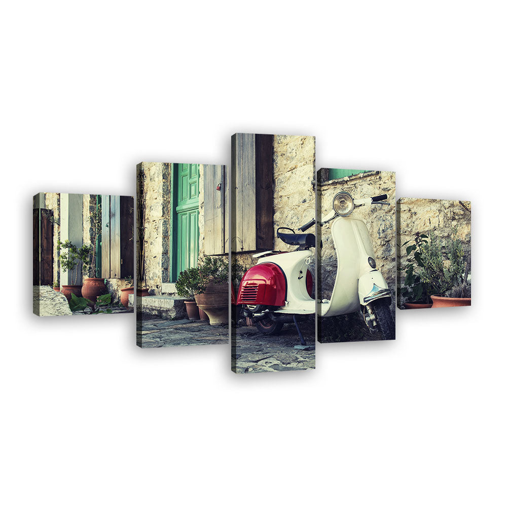 Old scooter in street of Karpathos Canvas Wall Art