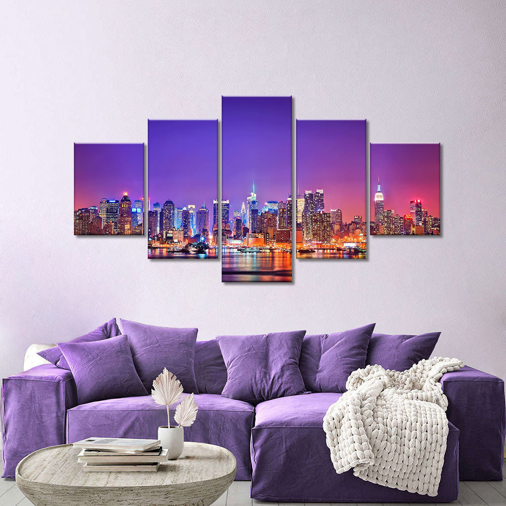 Purple New York City At Night Canvas Wall Art