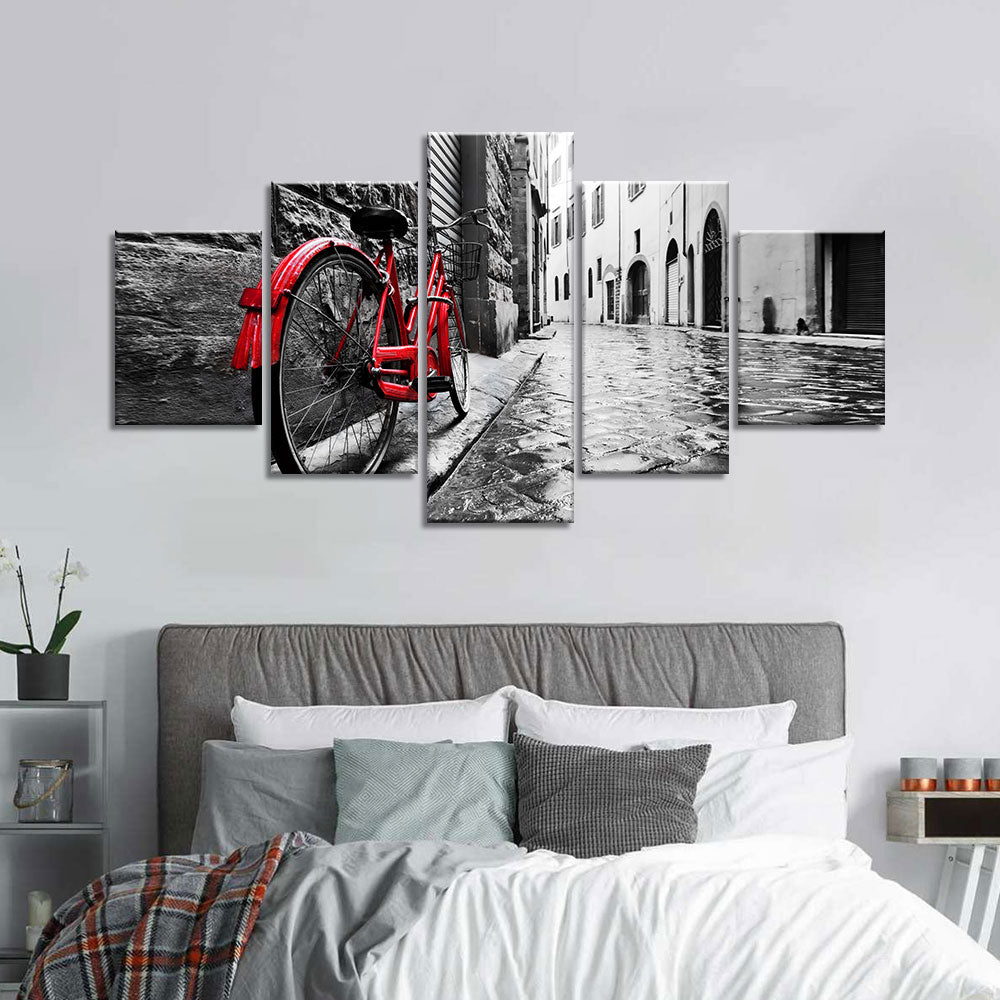 Retro Vintage Red Bike On Cobblestone Street Canvas Wall Art