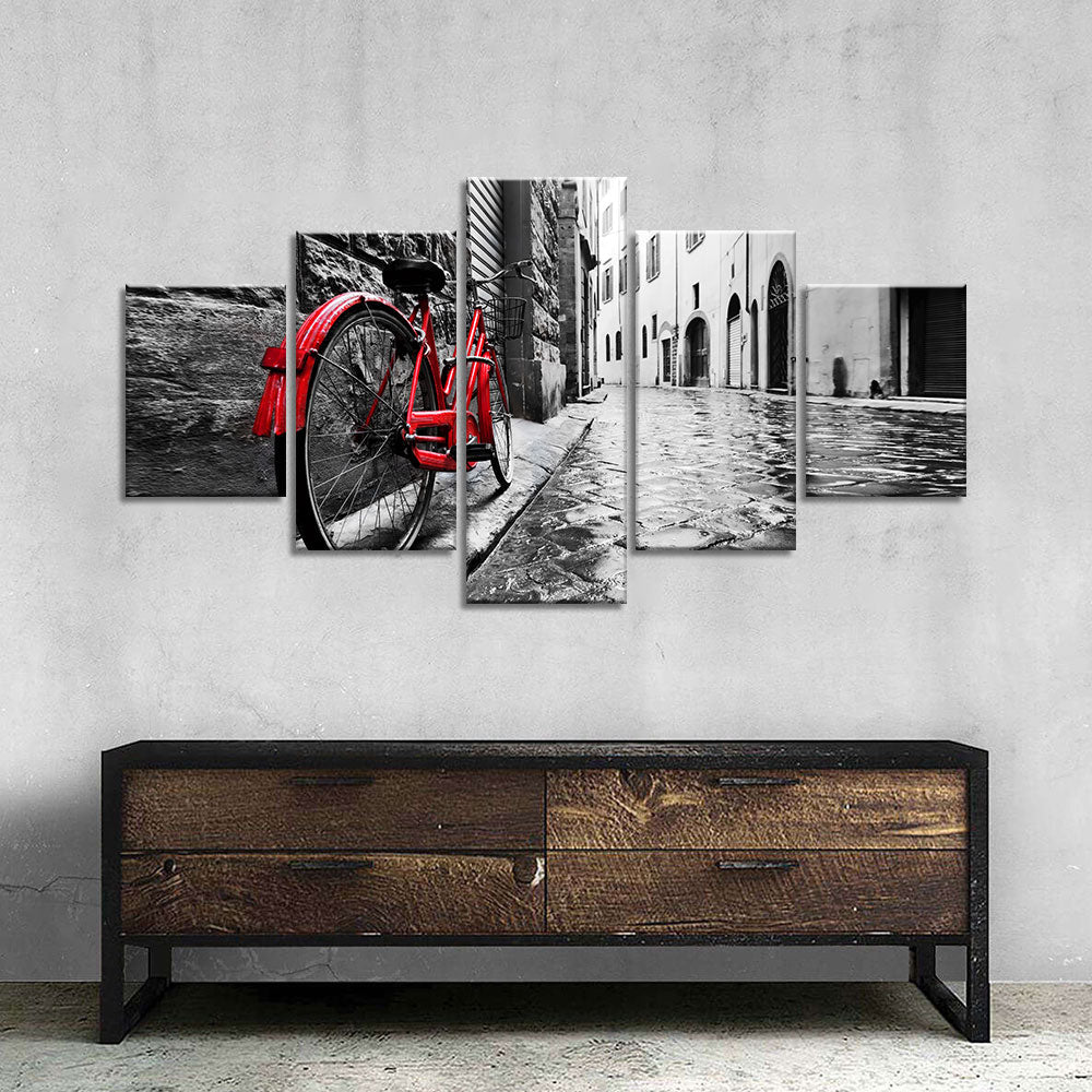Retro Vintage Red Bike On Cobblestone Street Canvas Wall Art