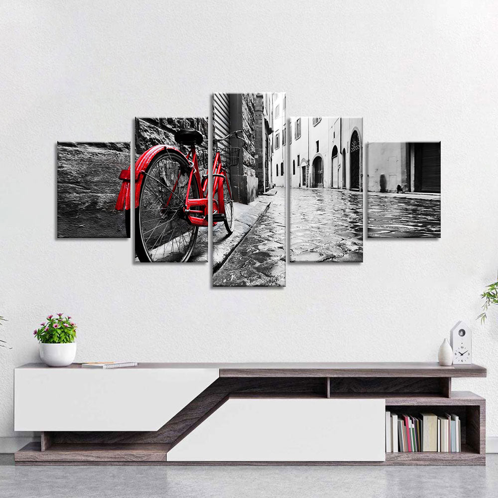 Retro Vintage Red Bike On Cobblestone Street Canvas Wall Art