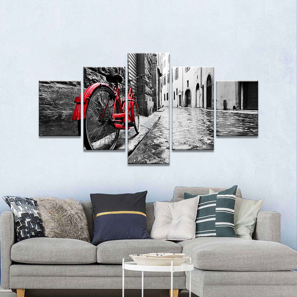 Retro Vintage Red Bike On Cobblestone Street Canvas Wall Art