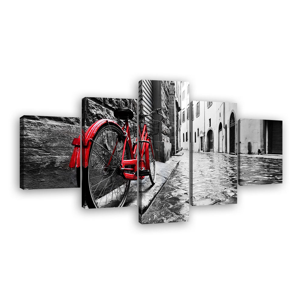 Retro Vintage Red Bike On Cobblestone Street Canvas Wall Art