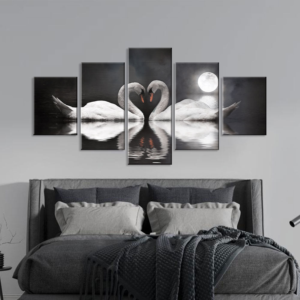 Romantic Swans Under Full Moon Canvas Wall Art