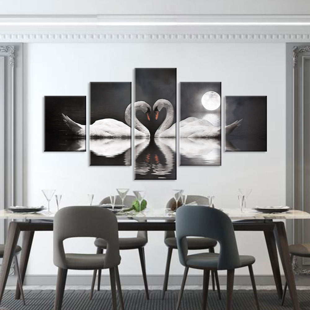 Romantic Swans Under Full Moon Canvas Wall Art