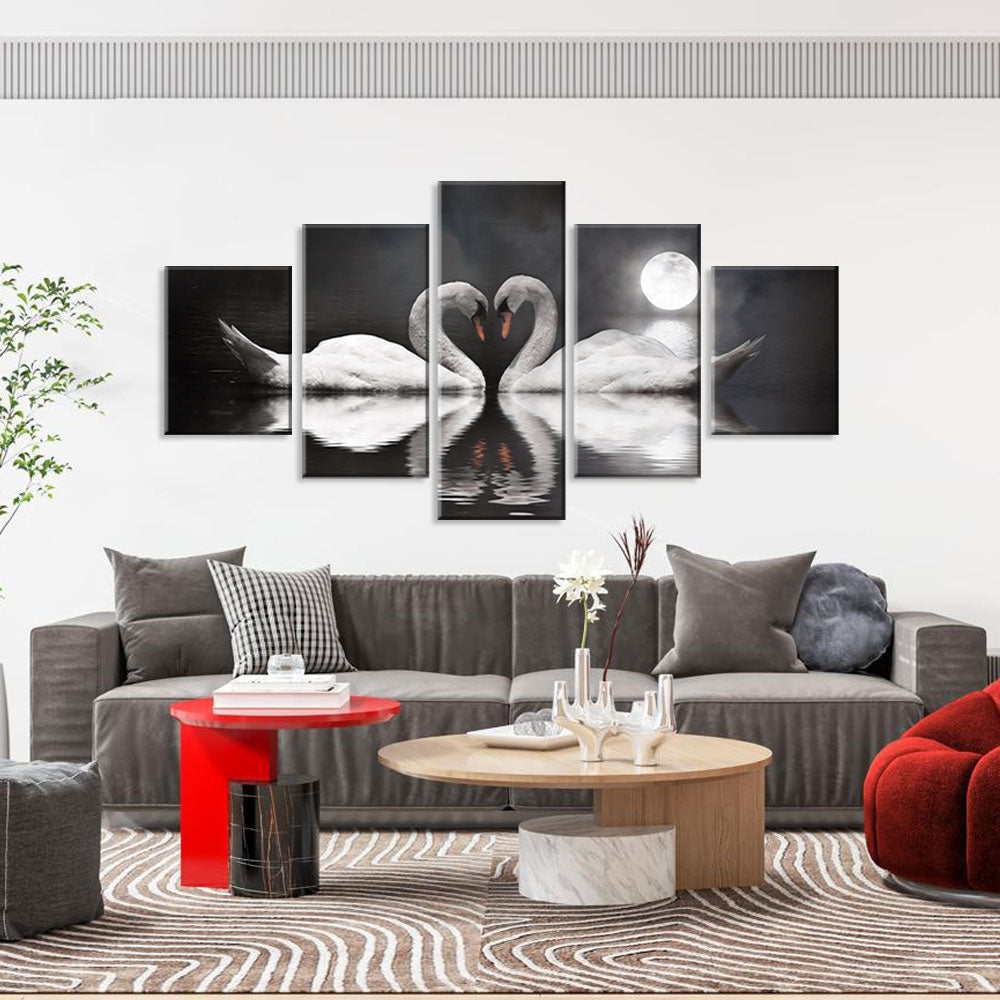 Romantic Swans Under Full Moon Canvas Wall Art