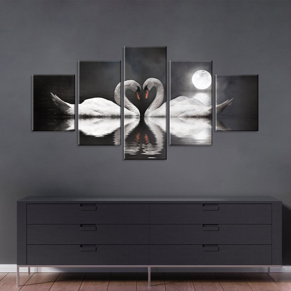 Romantic Swans Under Full Moon Canvas Wall Art