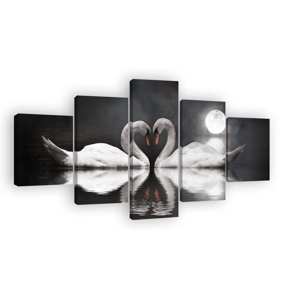Romantic Swans Under Full Moon Canvas Wall Art