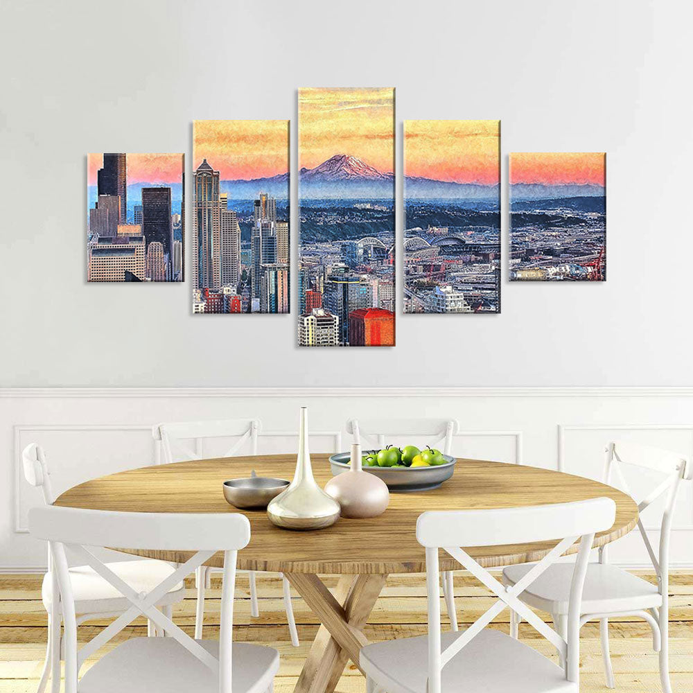 Seattle Skyline with Mountain Canvas Wall Art