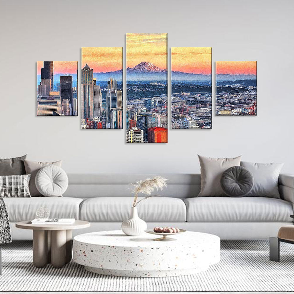 Seattle Skyline with Mountain Canvas Wall Art