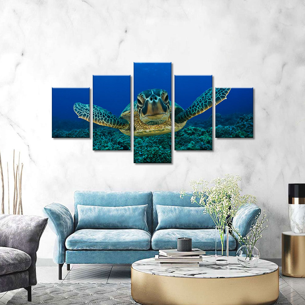 Sea Turtle Swimming In Blue Ocean Canvas Wall Art