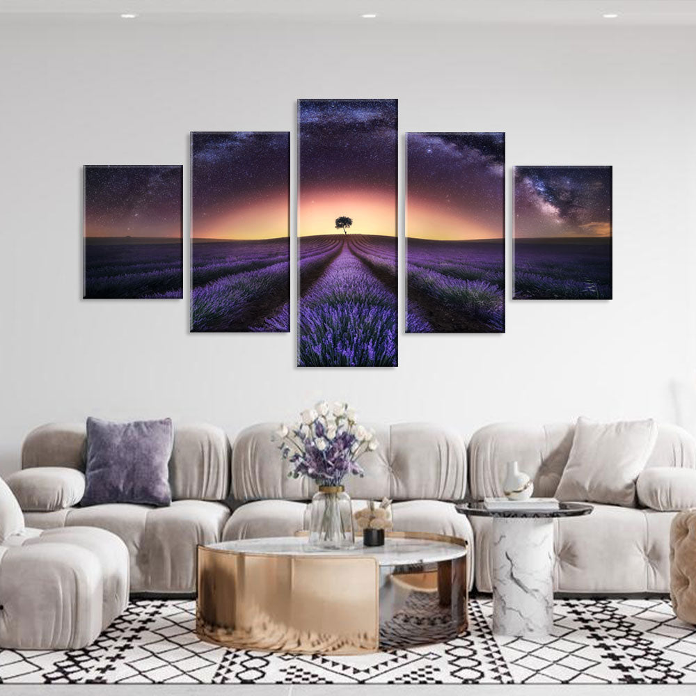 Starry Night Purple Lavender Field Canvas Wall Art