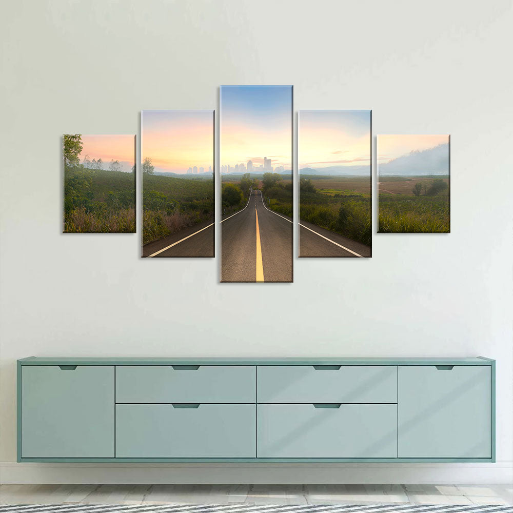 Sunset Road To City Canvas Wall Art
