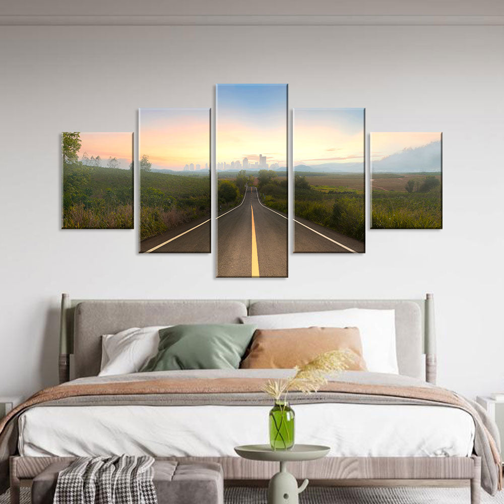 Sunset Road To City Canvas Wall Art