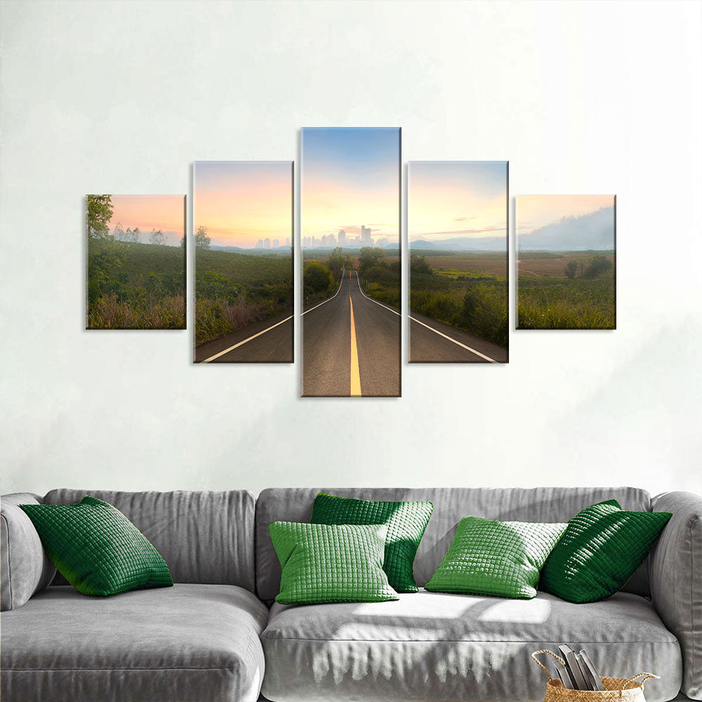 Sunset Road To City Canvas Wall Art